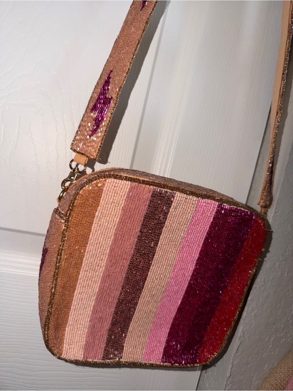 Beaded Striped Crossbody Bag - Pink & Rose Tones